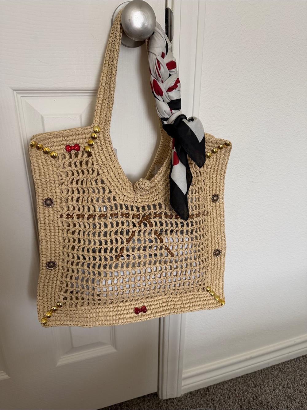 H&M Tan Woven Crochet Tote with Black White Red Scarf